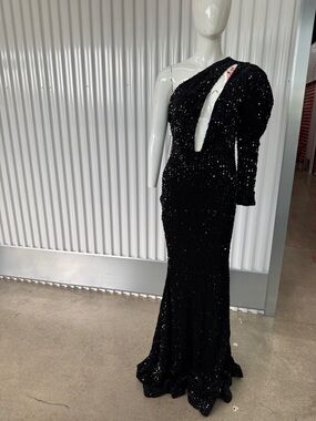 One-Shoulder Black Sequin Evening Gown